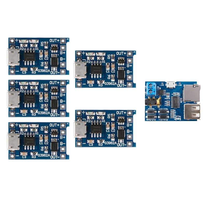 

6 Pcs Electronic Accessories: 1 Pcs Mp3 Lossless Decoder Board Comes With Amplifier & 5 Pcs 1A 5V Micro-USB TP4056 Lithium Batte