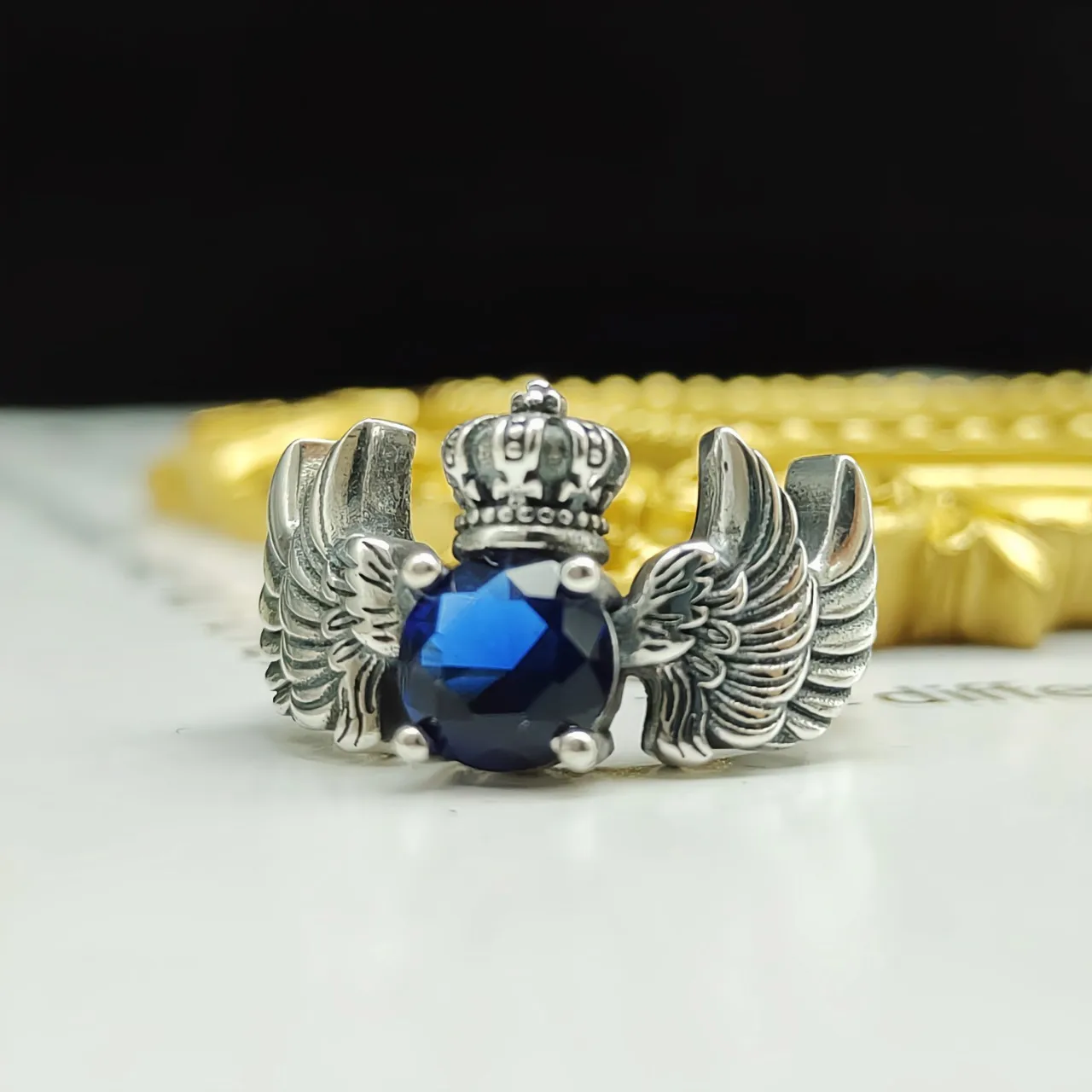 

S925 Стерлинговое Серебро, новинка, крутой дизайн, маленькие крылья, корона, европейский и американский Синий Циркон, перо, Открытое кольцо
