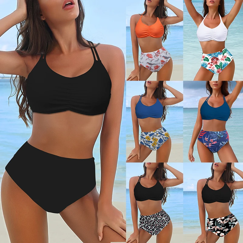 Women's Two Pieces Bikini Set, Double Straps Neck Halter Padded Ruched Bra + Floral Print Underpants
Women's Two Pieces Bikini Set, Double Straps Neck Halter Padded Ruched Bra + Floral Print Underpants