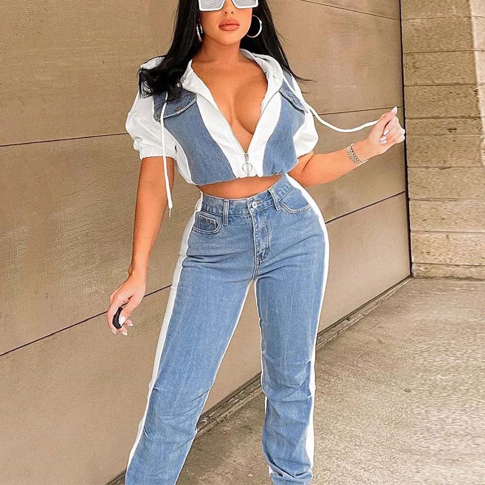 Women 2 Pieces Jeans Sets Blouse & Long Trousers Patchwork Fashion High Street Clothes Denim Ladies 2 Pieces Matching Sets New
Women 2 Pieces Jeans Sets Blouse & Long Trousers Patchwork Fashion High Street Clothes Denim Ladies 2 Pieces Matching Sets New