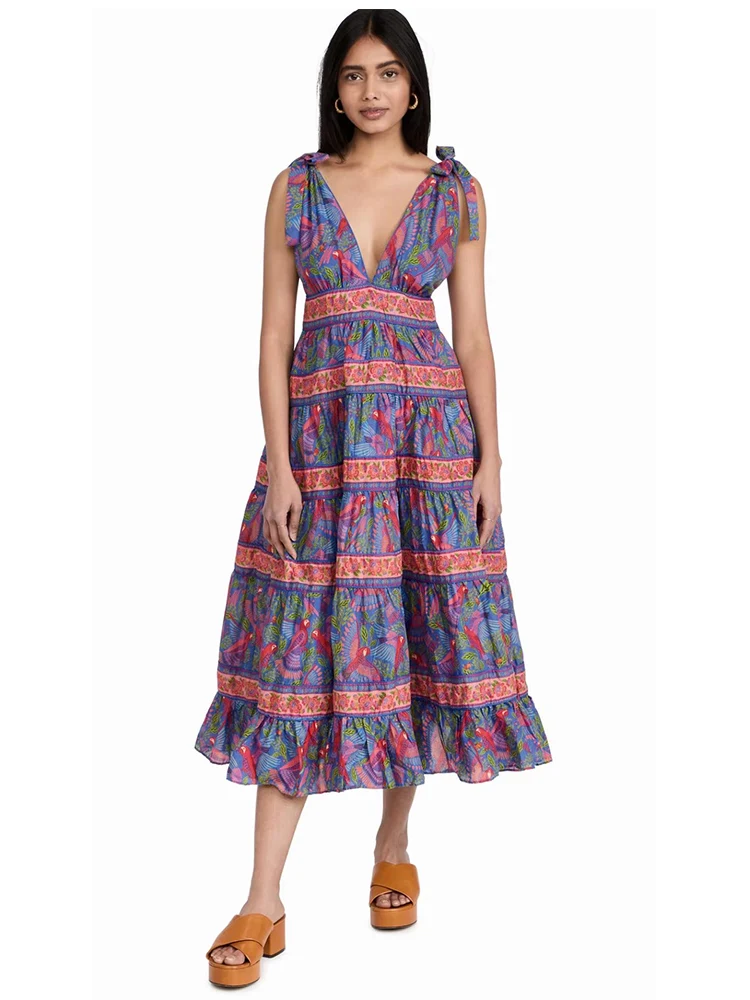 Vintage Print Sexy V-Neck Sleeve Back High Waist Sleeveless Dress Ladies Summer New Fashion Multi-layer Loose Swing Puff Skirt 
Vintage Print Sexy V-Neck Sleeve Back High Waist Sleeveless Dress Ladies Summer New Fashion Multi-layer Loose Swing Puff Skirt