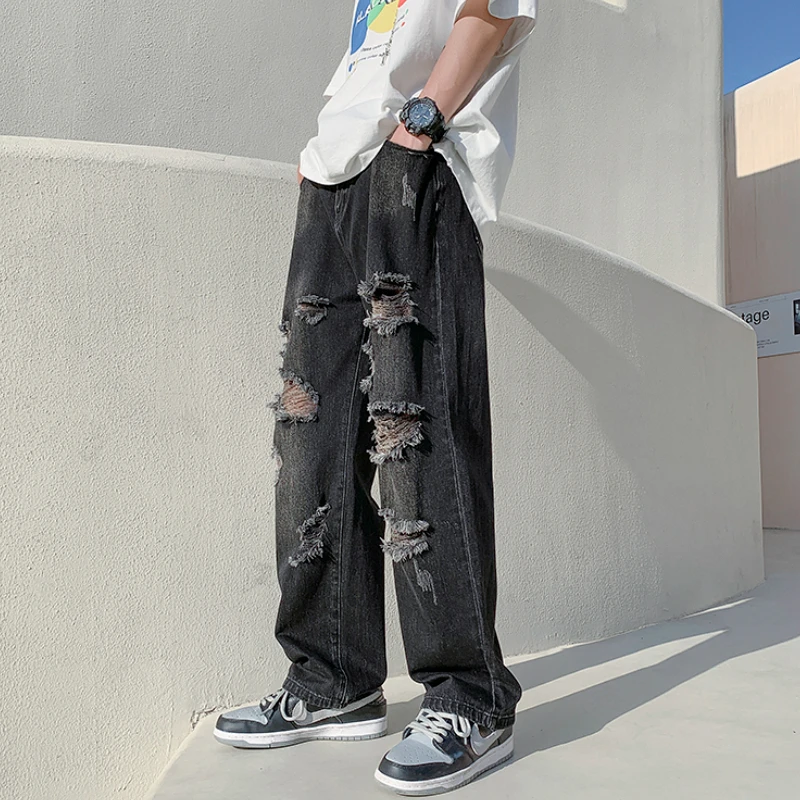 

Джинсы мужские рваные прямые в стиле хип-хоп, модные брюки из денима с дырками, повседневные байкерские штаны в стиле High Street, лето