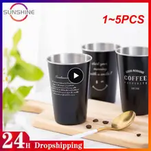 1~5PCS Black Stainless Steel Coffee Mug Silicone Lid Creative Letter Pattern Travel Camping Tea Milk Cups Home Office School