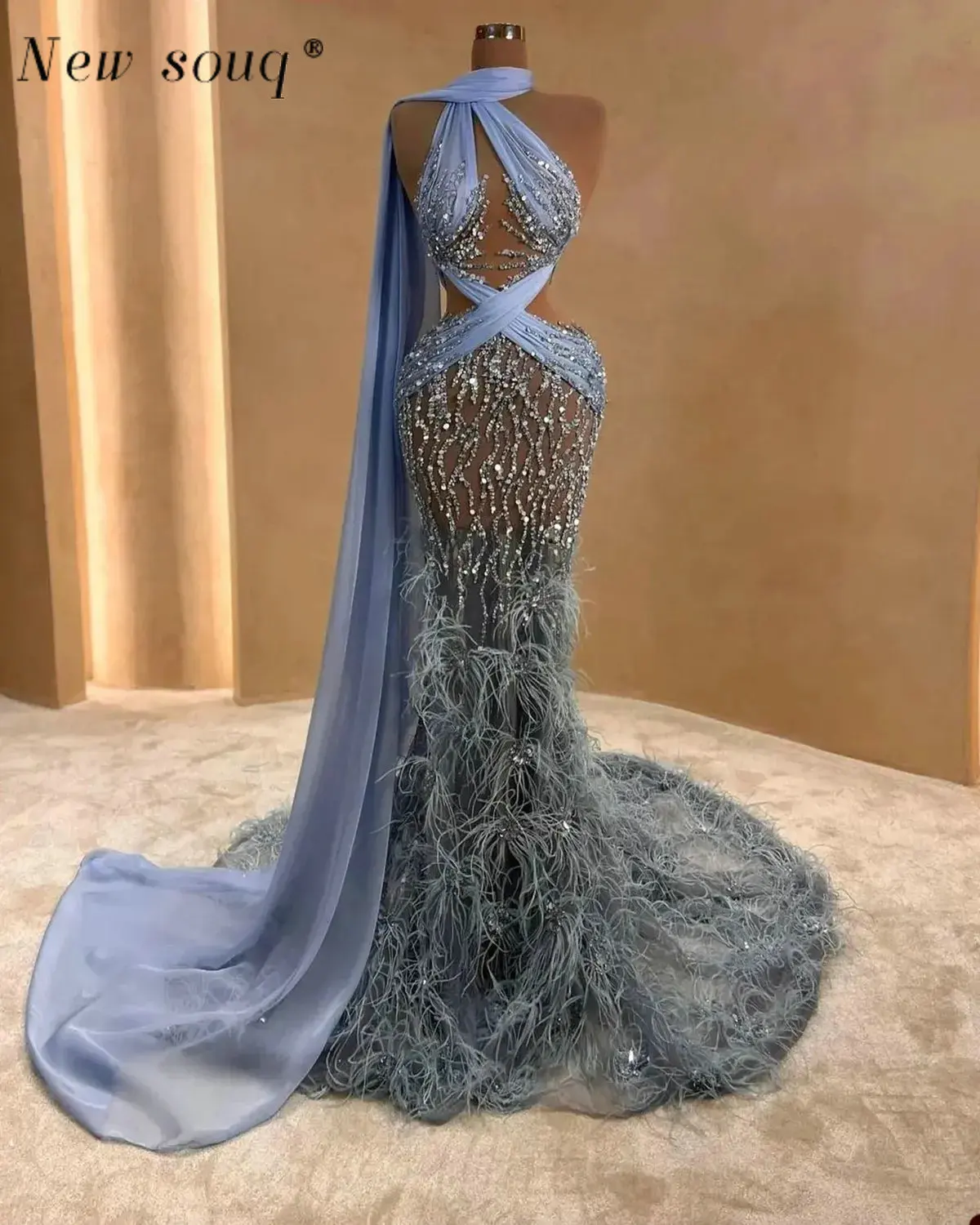 

Arabic Feathers Mermaid Cape Sleeve Sexy Illusion Evening Dresses Sparkle Sequins Long Prom Gowns 2023 For Women Wedding Party
