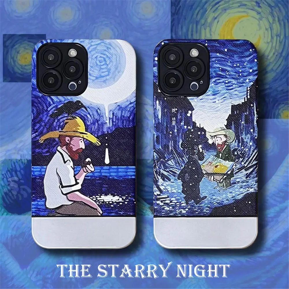 

Van Gogh THE STARRY NIGHT oil-painted sand-grain leather case for iPhone 14 13 12 Pro Max 11 luxury plated hard case