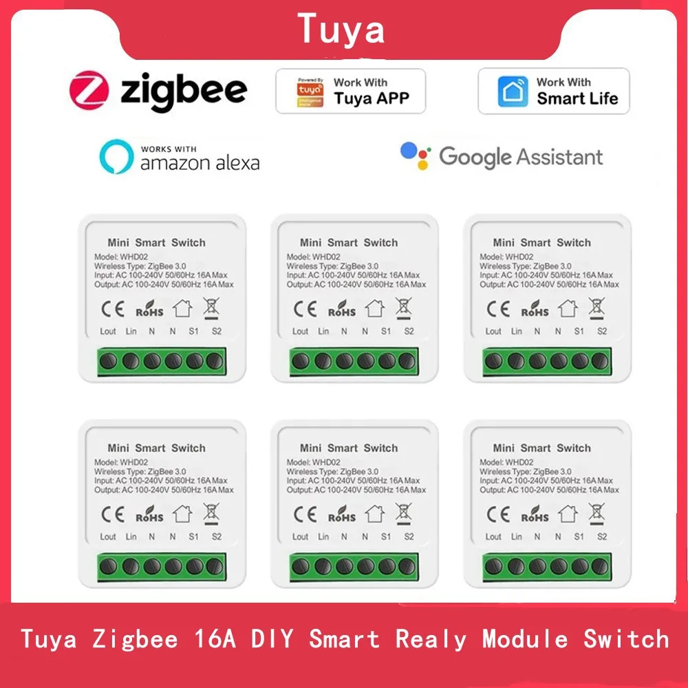 

Мини-переключатель Tuya 16 А Zigbee, двухсторонний беспроводной модуль автоматизации для Tuya Smart Life, работает с Alexa Google Home