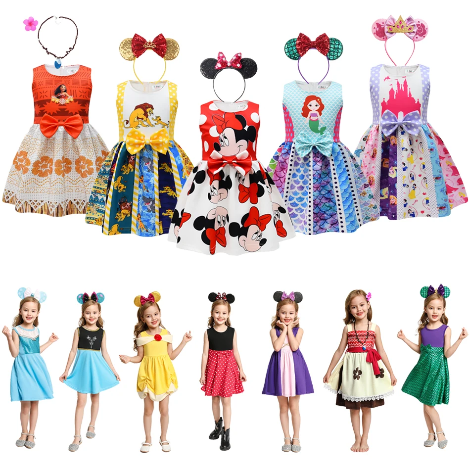 

Disney Kids Dresses For Girls Summer Vestido Rapunzel Clothes Frozen Princess Elsa Anna Belle Moana Minnie Birthday Party Dress