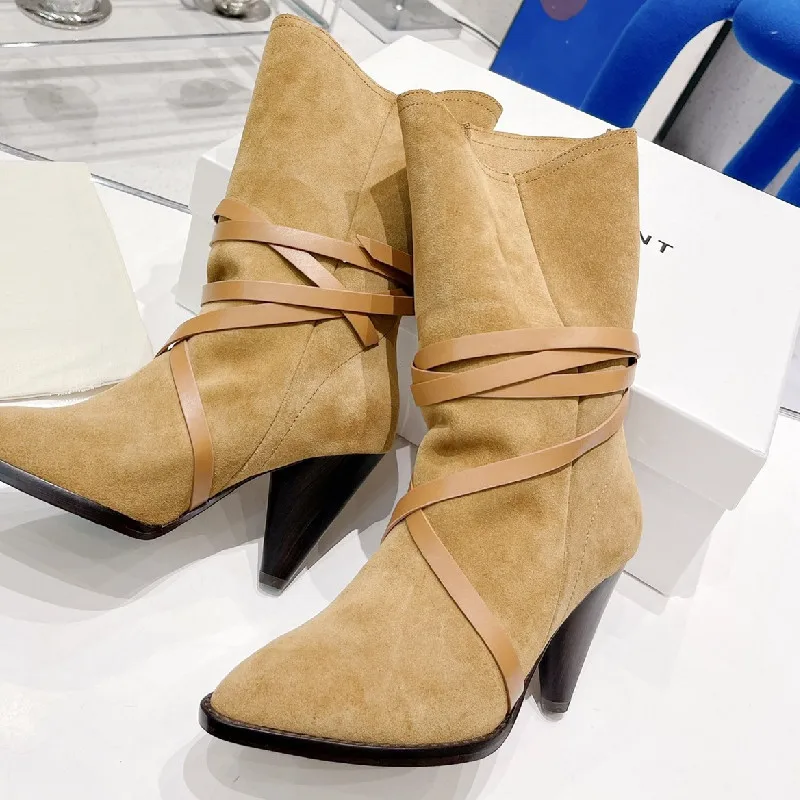 High-end Retro Rome Women Boots High Heels Pointed Toe Cross-tied Mid-calf Boots Cow Leather All-match Comfort Boots Breathable
High-end Retro Rome Women Boots High Heels Pointed Toe Cross-tied Mid-calf Boots Cow Leather All-match Comfort Boots Breathable