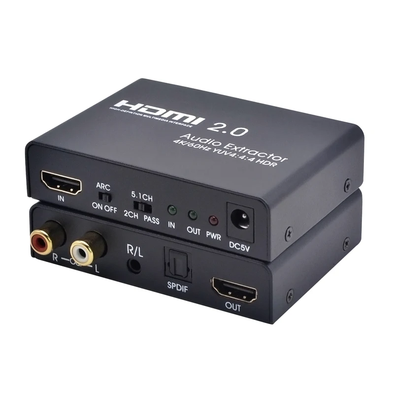 4K 60HZ HDMI to HDMI with Audio ARC Optical Toslink SPDIF + 3.5mm/RCA Stereo with 2/5.1CH YUV4:4:4 HDMI Audio Extractor
4K 60HZ HDMI to HDMI with Audio ARC Optical Toslink SPDIF + 3.5mm/RCA Stereo with 2/5.1CH YUV4:4:4 HDMI Audio Extractor