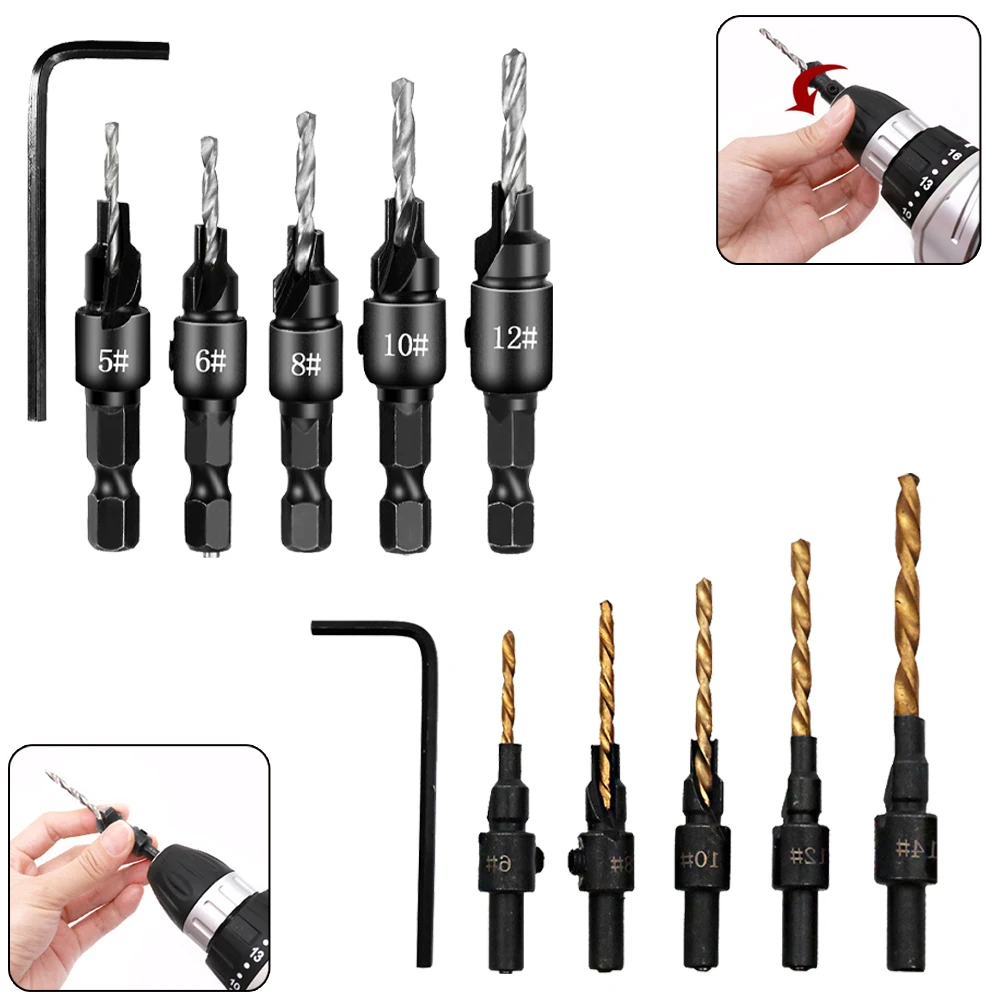 5pcs Countersink Drill Bits 1/4 Hex Shank With Wrench Bit Set Steel 45 Drilling Pilot Hole For Screw Sizes 5-14 Wood Power Tools
5pcs Countersink Drill Bits 1/4 Hex Shank With Wrench Bit Set Steel 45 Drilling Pilot Hole For Screw Sizes 5-14 Wood Power Tools