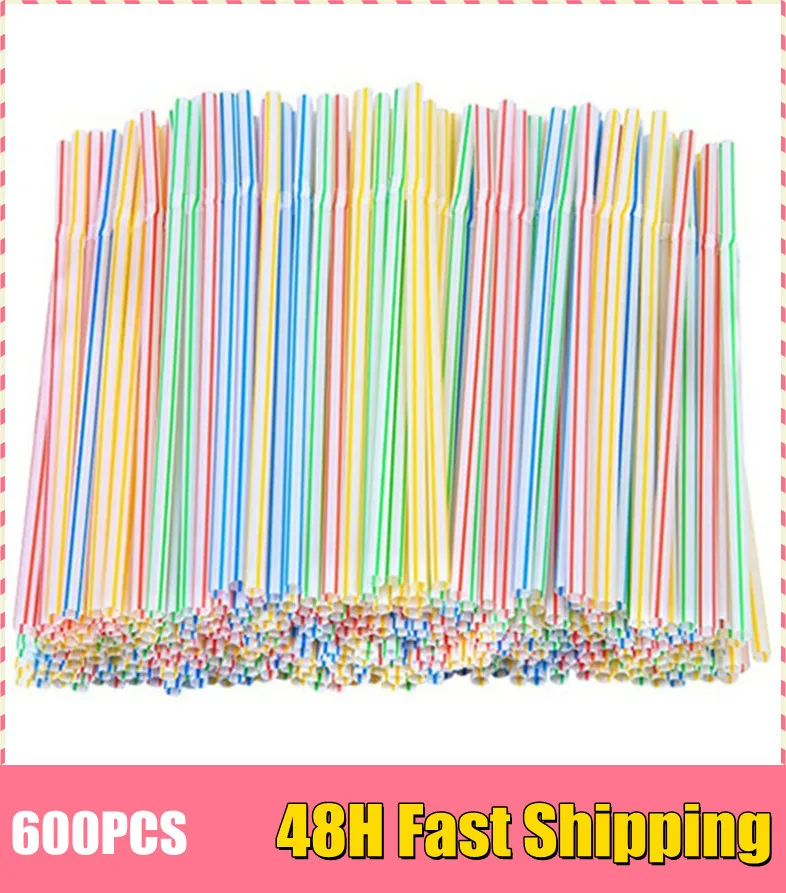 

600 Pcs Disposable Elbow Plastic Straws For Kitchenware Bar Party Event Alike Supplies Striped Bendable Cocktail Drinking Straws