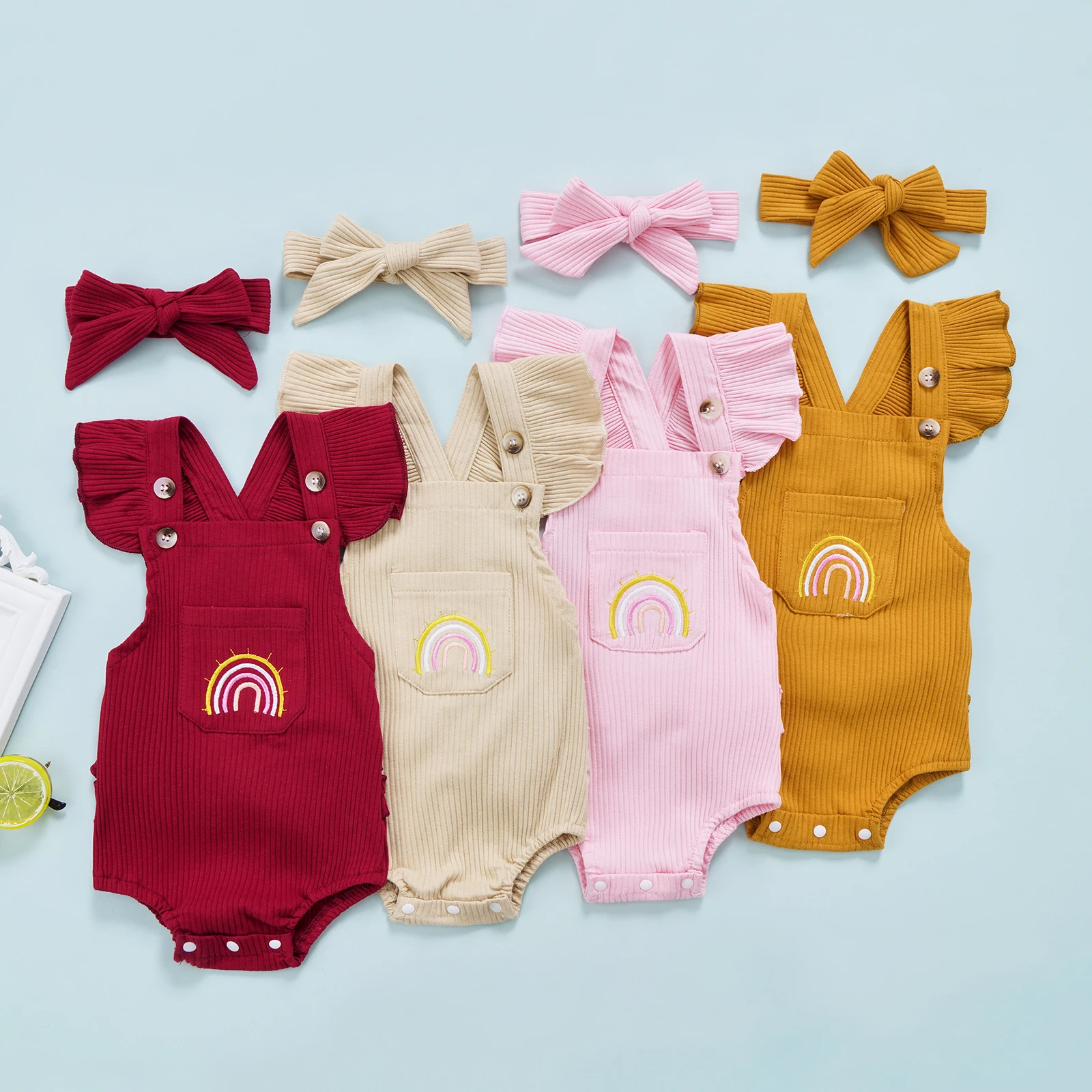 2 Pcs Newborn Ribbed Outfits, Baby Girls Rainbow Pattern Square Collar Fly Sleeve Bodysuit + Solid Color Headband
2 Pcs Newborn Ribbed Outfits, Baby Girls Rainbow Pattern Square Collar Fly Sleeve Bodysuit + Solid Color Headband