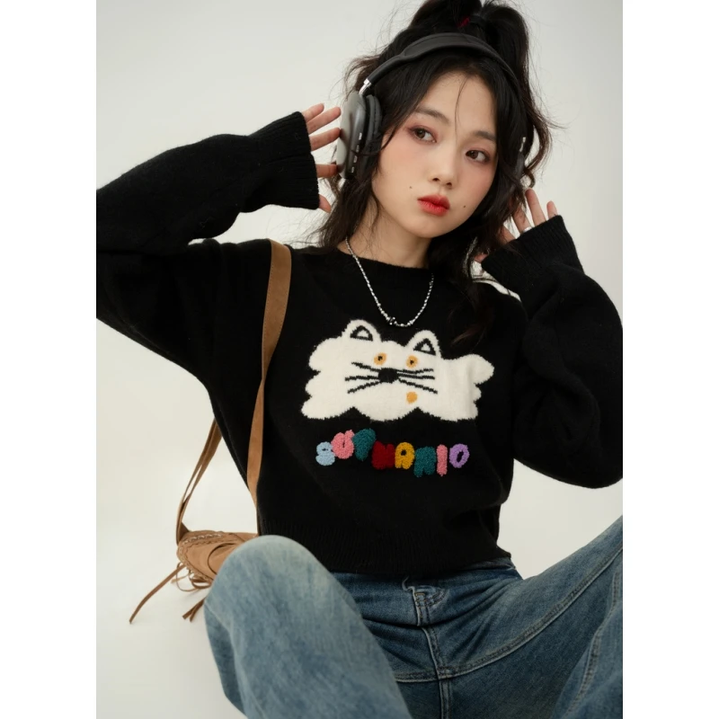 Women's Clothes Black Sweater Cartoon Color Contrast Fashion Vintage Lazy Wind Winter Female Long Sleeve Knitting Pullover
Women's Clothes Black Sweater Cartoon Color Contrast Fashion Vintage Lazy Wind Winter Female Long Sleeve Knitting Pullover