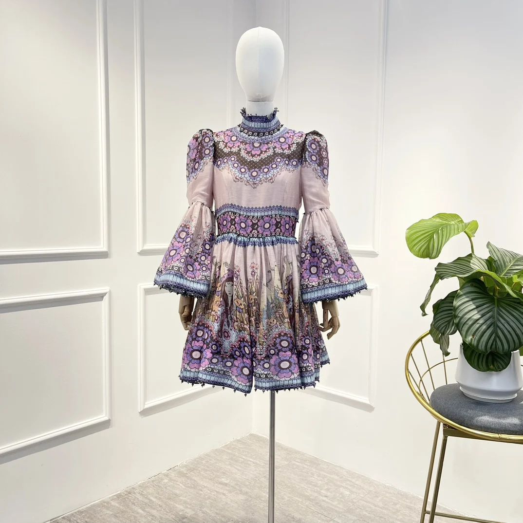

Женское винтажное платье-мини из льна и шелка, фиолетовое платье с цветочным принтом, расшитое бисером, с расширяющимся книзу рукавом, в дворцовом стиле, осень 2022