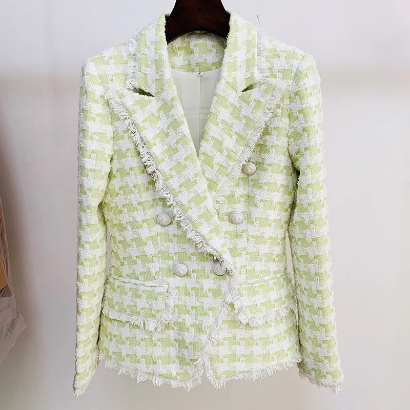 

EXCELLENT Newest 2023 Fall Winter Designer Jacket Women's Lion Buttons Tassel Fringed Houndstooth Blends Tweed Blazer Green