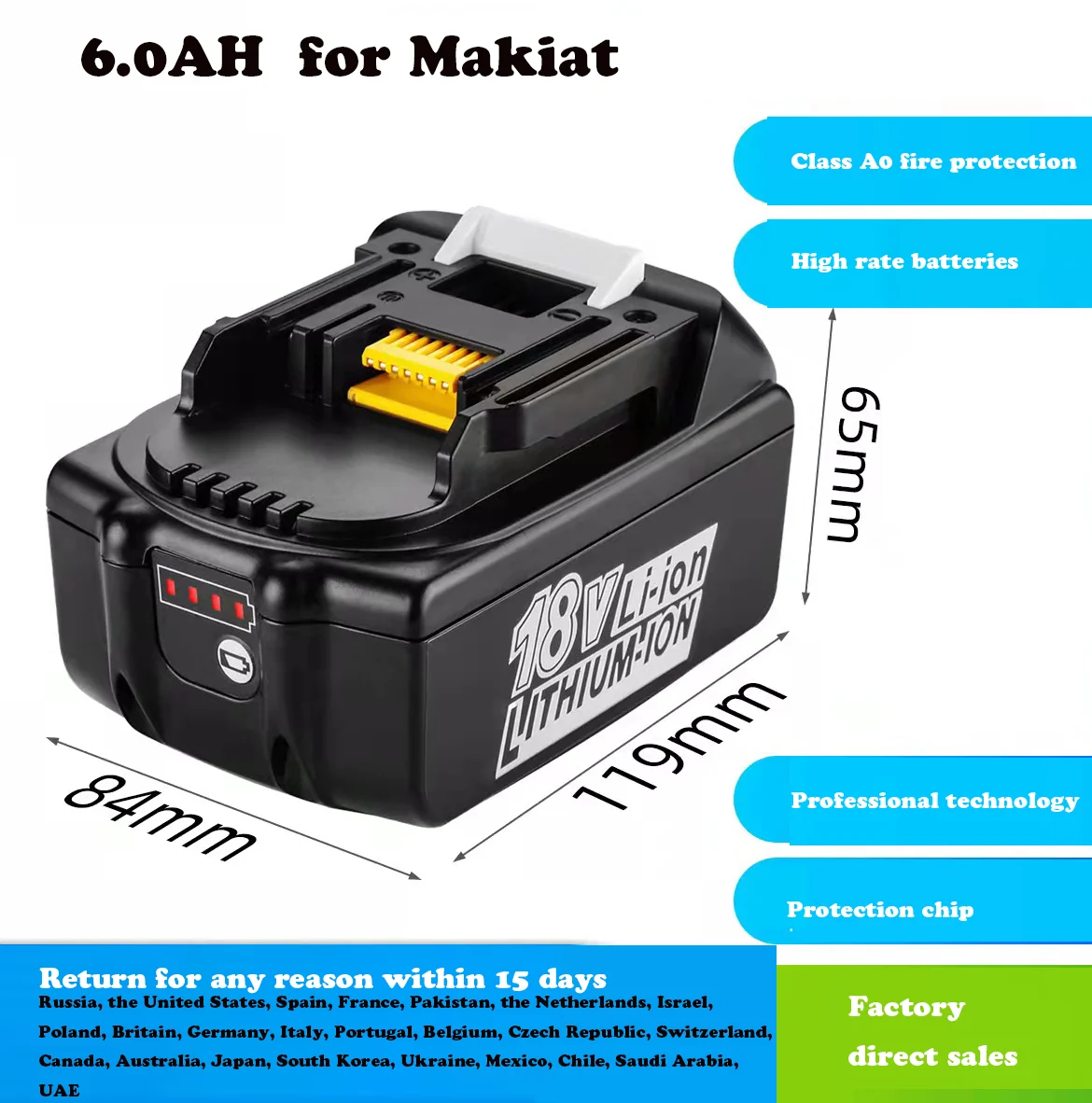 Latest Upgraded BL1860 Rechargeable Battery 18V 6000mAh Lithium ion for Makita 18v Battery BL1840 BL1850 BL1830 BL1860B LXT 400
Latest Upgraded BL1860 Rechargeable Battery 18V 6000mAh Lithium ion for Makita 18v Battery BL1840 BL1850 BL1830 BL1860B LXT 400