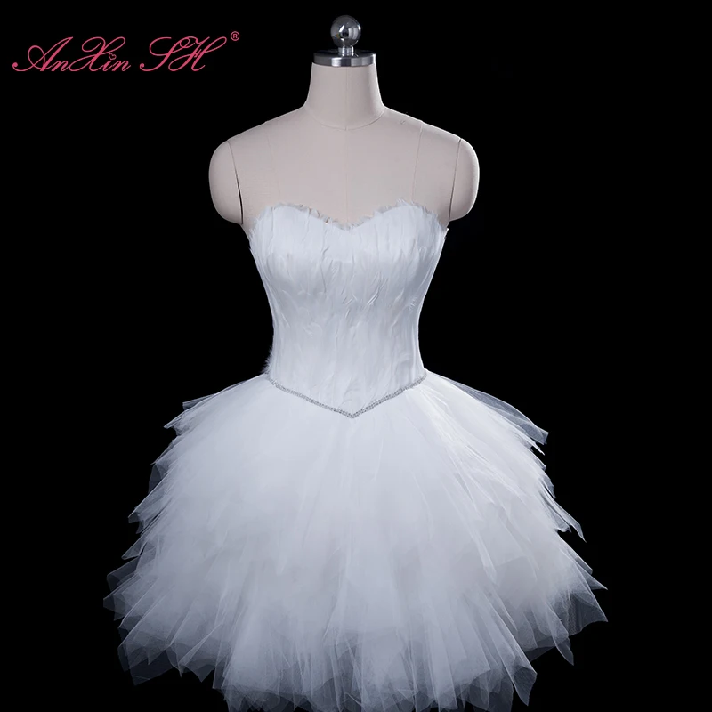 

AnXin SH princess white feather lace strapless beading crystal Ballet photo party lace up short evening dress Little black dress