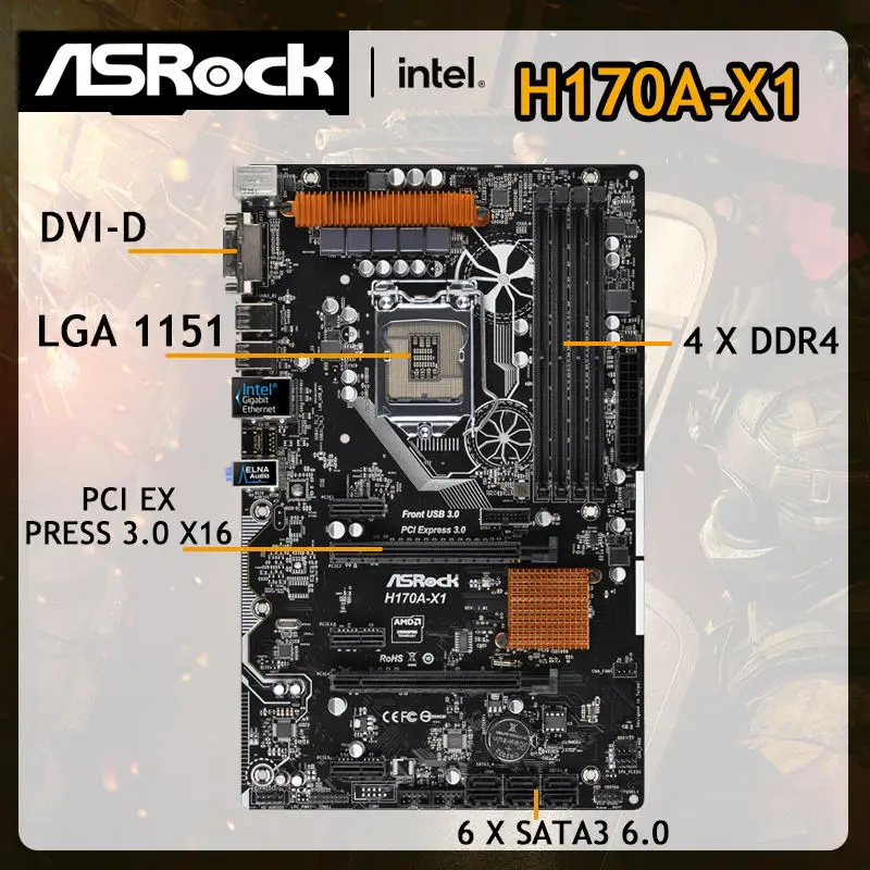 

H170 1151 Motherboard For intel Celeron G3900 cpus cpu ASROCK H170A-X1 Motherboard DDR4 64GB PCI-E 3.0 USB3.1SATA III DVI-D ATX