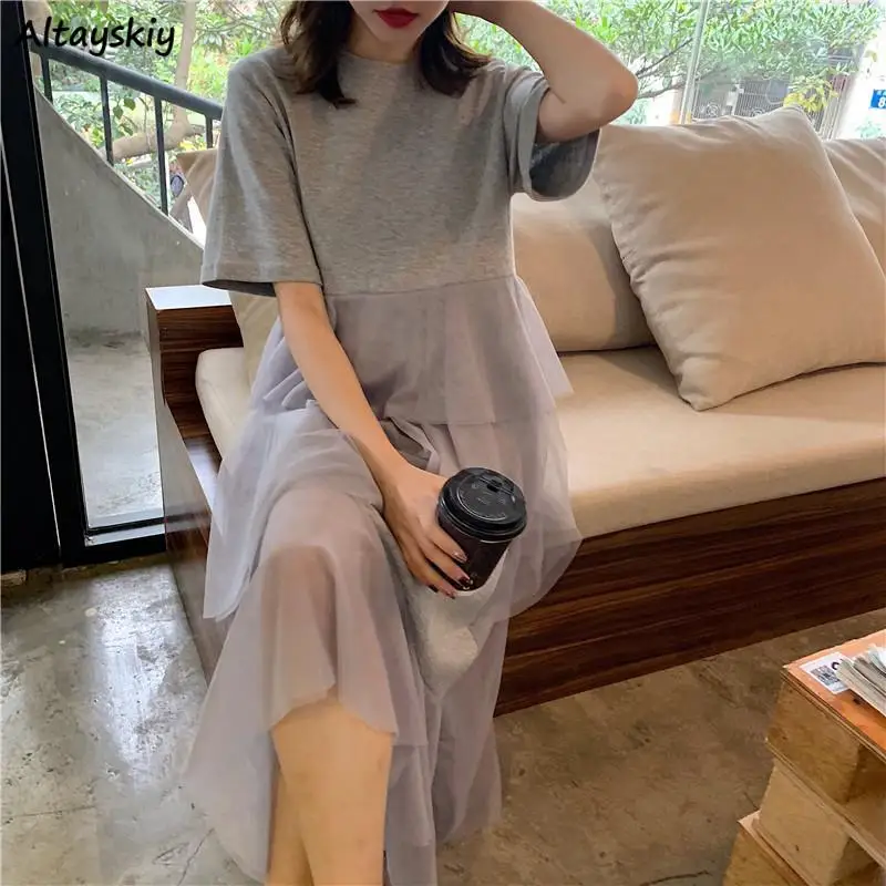 

Mesh Irregular Midi Skirts Women Elegant Summer Spliced Office Lady Leisure Gentle Short-sleeve Vintage Tiered Designed Harajuku