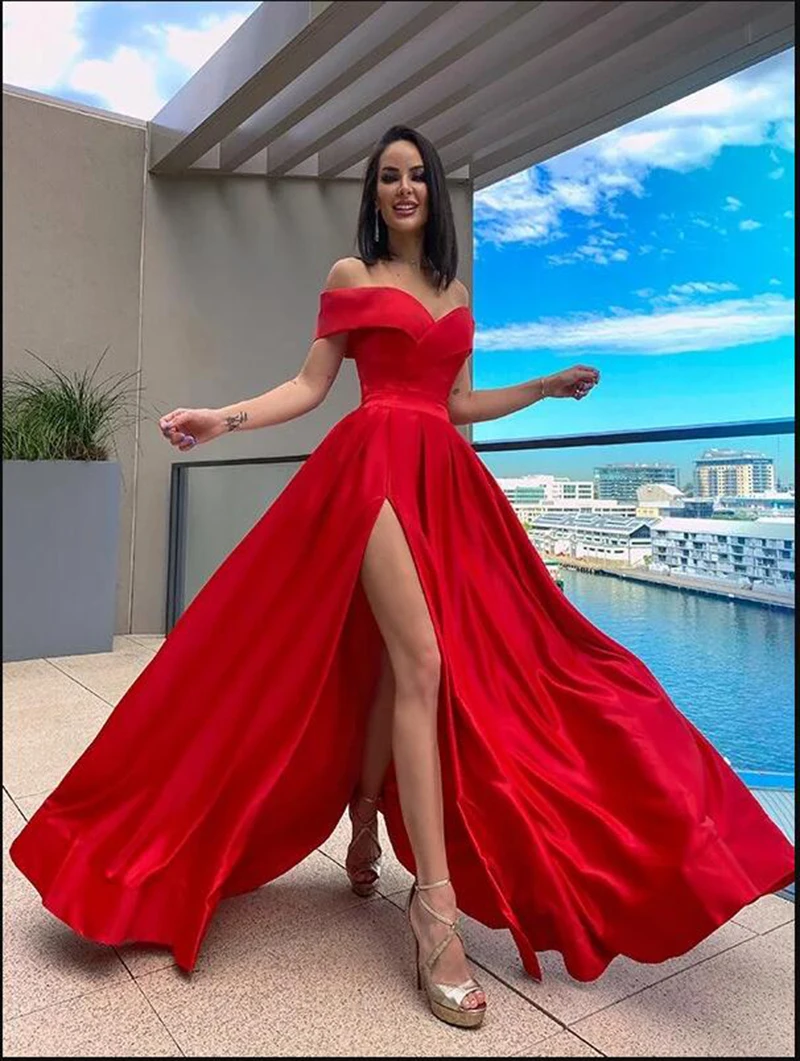 Elegant Satin Prom Dress Off the Shoulder Sexy High Split Long Party Dress Women Formal Gowns فساتين للحفلات الراقصة
Elegant Satin Prom Dress Off the Shoulder Sexy High Split Long Party Dress Women Formal Gowns فساتين للحفلات الراقصة