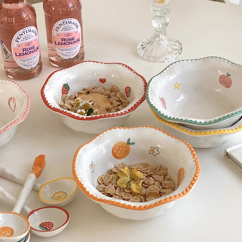 

Милая фруктовая миска и ложка, милая керамическая Клубничная оранжевая Лапша для завтрака, салата, риса, креативная миска, Корейская посуда ...