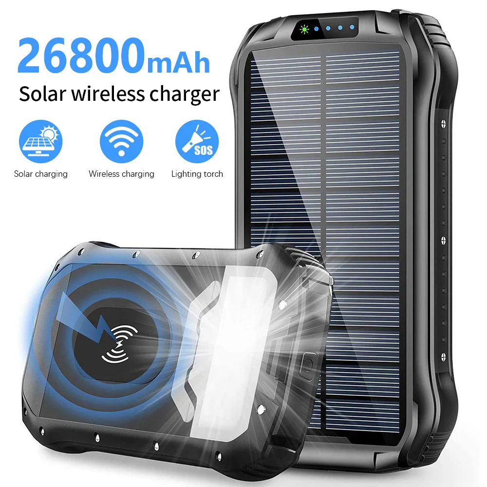 Solar Power Bank 26800mAh Portable Charging Poverbank External Battery Solar Panel Wireless Charger Strong LDE Light for Phone
Solar Power Bank 26800mAh Portable Charging Poverbank External Battery Solar Panel Wireless Charger Strong LDE Light for Phone