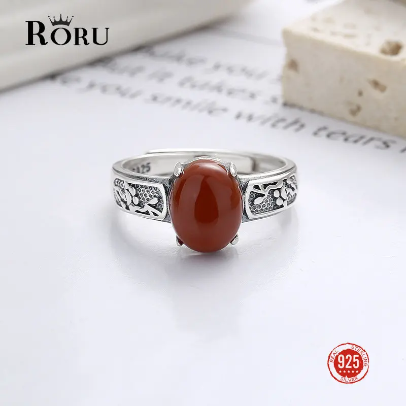 

S925 Sterling Silver Retro Distressed South Red Agate Pattern Totem Ring for Women Mother Ancient Style Artistic Open Ring Gifts