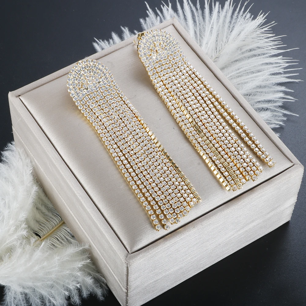 Full Rhinestone Exquisite Bling Long Tassel Stud Earrings Waterproof Stainless Steel for Women Gold Plated Wedding Jewelry Gift
Full Rhinestone Exquisite Bling Long Tassel Stud Earrings Waterproof Stainless Steel for Women Gold Plated Wedding Jewelry Gift