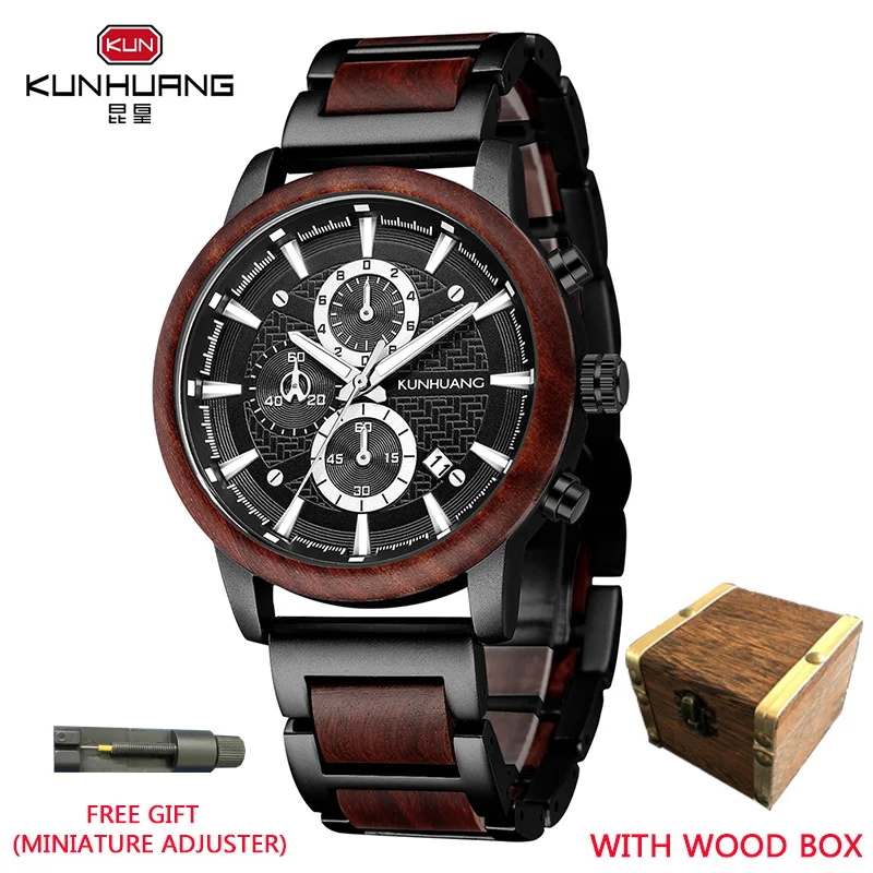 

KUNHUANG Natural Wooden Quartz Watch Men's Watch Top Luxury Luminous Chronograph Clock Fashion Wooden Gift Box Zegarek męski