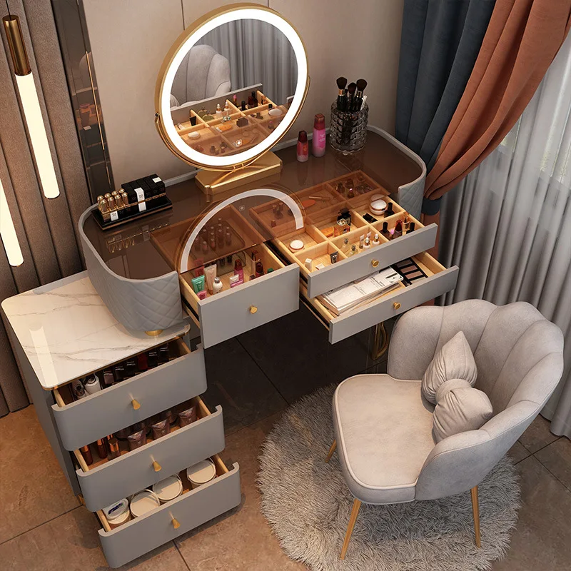 White Dresser Makeup Desk Glass Rock Plate Wooden Vanity Table With Mirror LED Light High Capacity Storage Dressers For Bedroom
White Dresser Makeup Desk Glass Rock Plate Wooden Vanity Table With Mirror LED Light High Capacity Storage Dressers For Bedroom