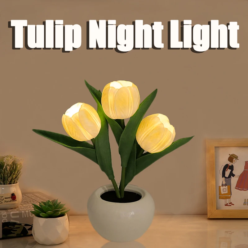 

LED Tulip Table Lamp Battery Operated Portable Night Light Simulation Flower Bedside Lamp Gift for Bedroom Office Cafe Decor