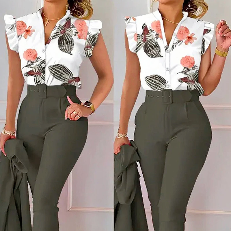 Women's Summer New Fashion Print V-Neck Petal Sleeve Button Shirt High Waist Slim Fit Casual Pants Set
Women's Summer New Fashion Print V-Neck Petal Sleeve Button Shirt High Waist Slim Fit Casual Pants Set