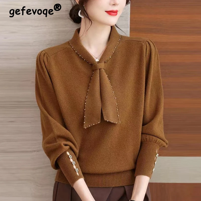 Autumn Winter Korean Elegant Chic Bead Bow Scarf Collar Pullover Knitted Sweaters for Women Fashion Slim Long Sleeve Ladies Tops
Autumn Winter Korean Elegant Chic Bead Bow Scarf Collar Pullover Knitted Sweaters for Women Fashion Slim Long Sleeve Ladies Tops