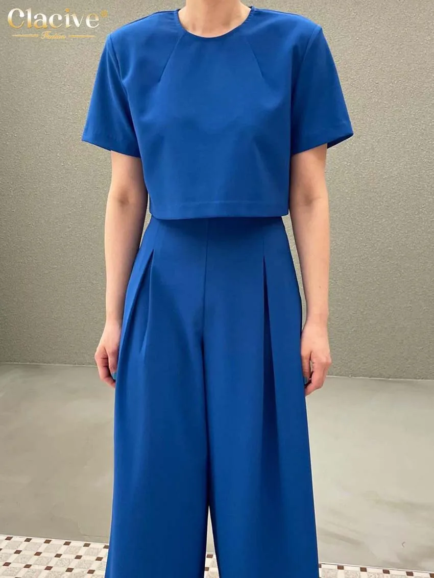 Clacive Fashion Short Sleeve T-shirt Two Piece Set Women Casual Slim Blue Office Pants Set Elegant High Waist Wide Trouser Suits
Clacive Fashion Short Sleeve T-shirt Two Piece Set Women Casual Slim Blue Office Pants Set Elegant High Waist Wide Trouser Suits