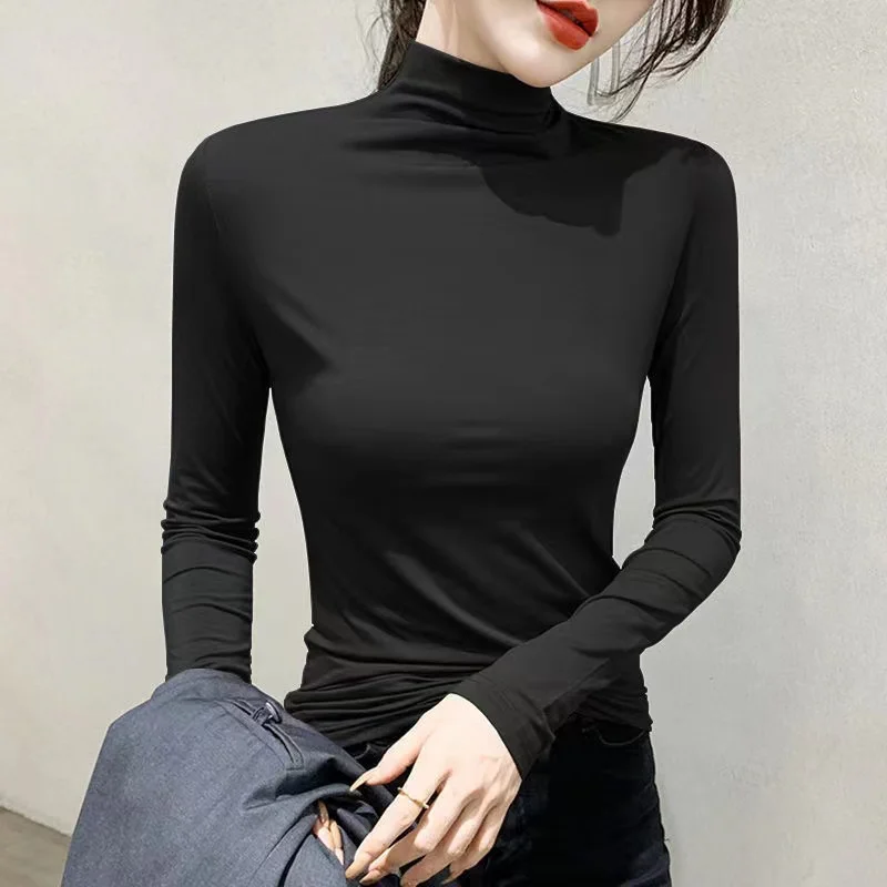 Comfortable Spring and Autumn Women's High Neck Bottom Shirt Slim Fit Ladies Top Inside Long Sleeve T-Shirt Solid Color Pullover 
Comfortable Spring and Autumn Women's High Neck Bottom Shirt Slim Fit Ladies Top Inside Long Sleeve T-Shirt Solid Color Pullover