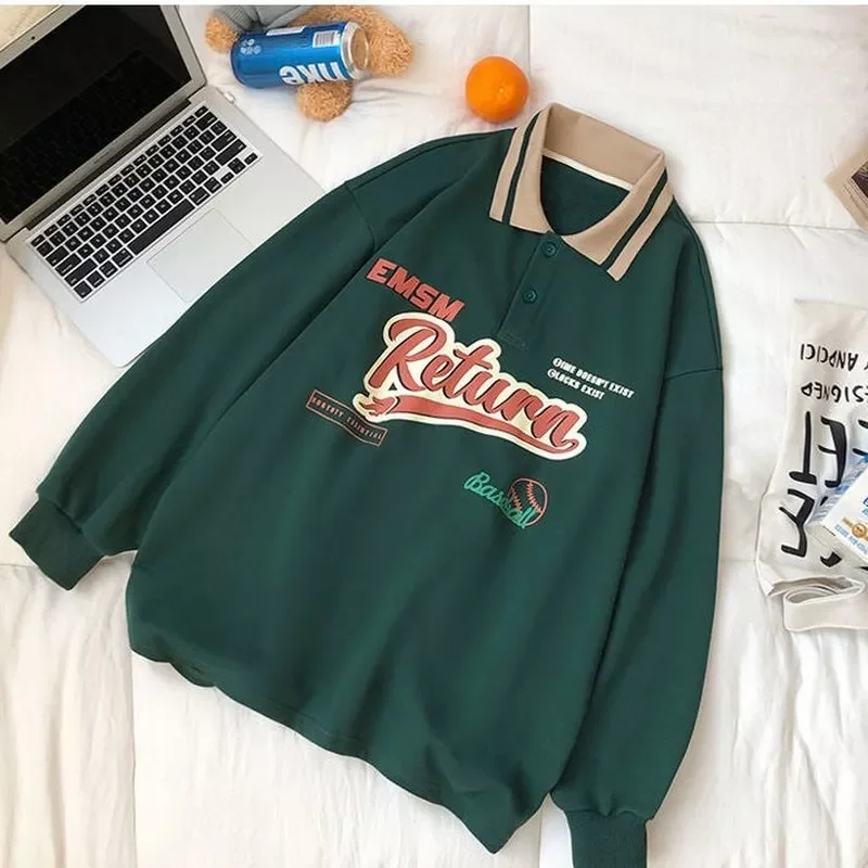 2022 Oversized Hoodies Polo Collar Letter Printed Sweatshirt Womens Street Autumn 2021 New Lapel Loose All-match Blouse Clothes 
2022 Oversized Hoodies Polo Collar Letter Printed Sweatshirt Womens Street Autumn 2021 New Lapel Loose All-match Blouse Clothes