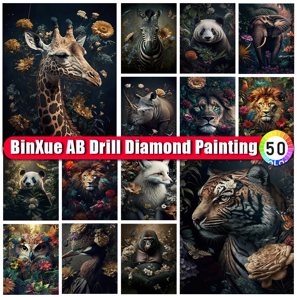 

BinXue Flower Animal AB Diamond Painting Kit Giraffe Zebra Cross Stitch Rhino Panda Fox Owl Lion Elephant Tiger Mosaic Art Gift