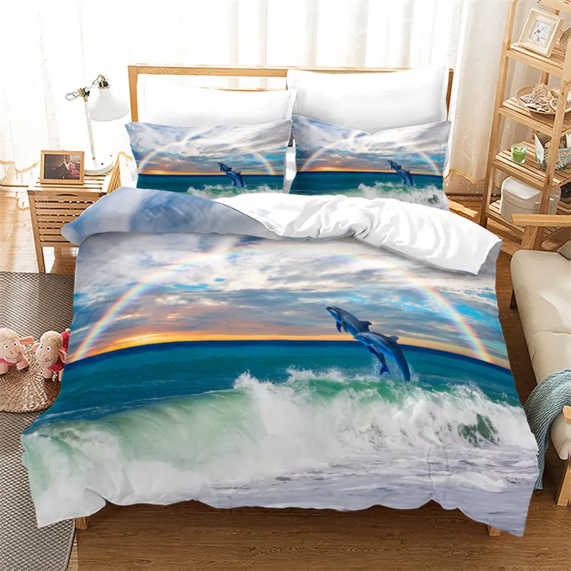 

Microfiber Ocean Animals Quilt Cover King Full Twin For Kids Adults Decor Jumping Dolphin Duvet Cover Marine Themed Bedding Set