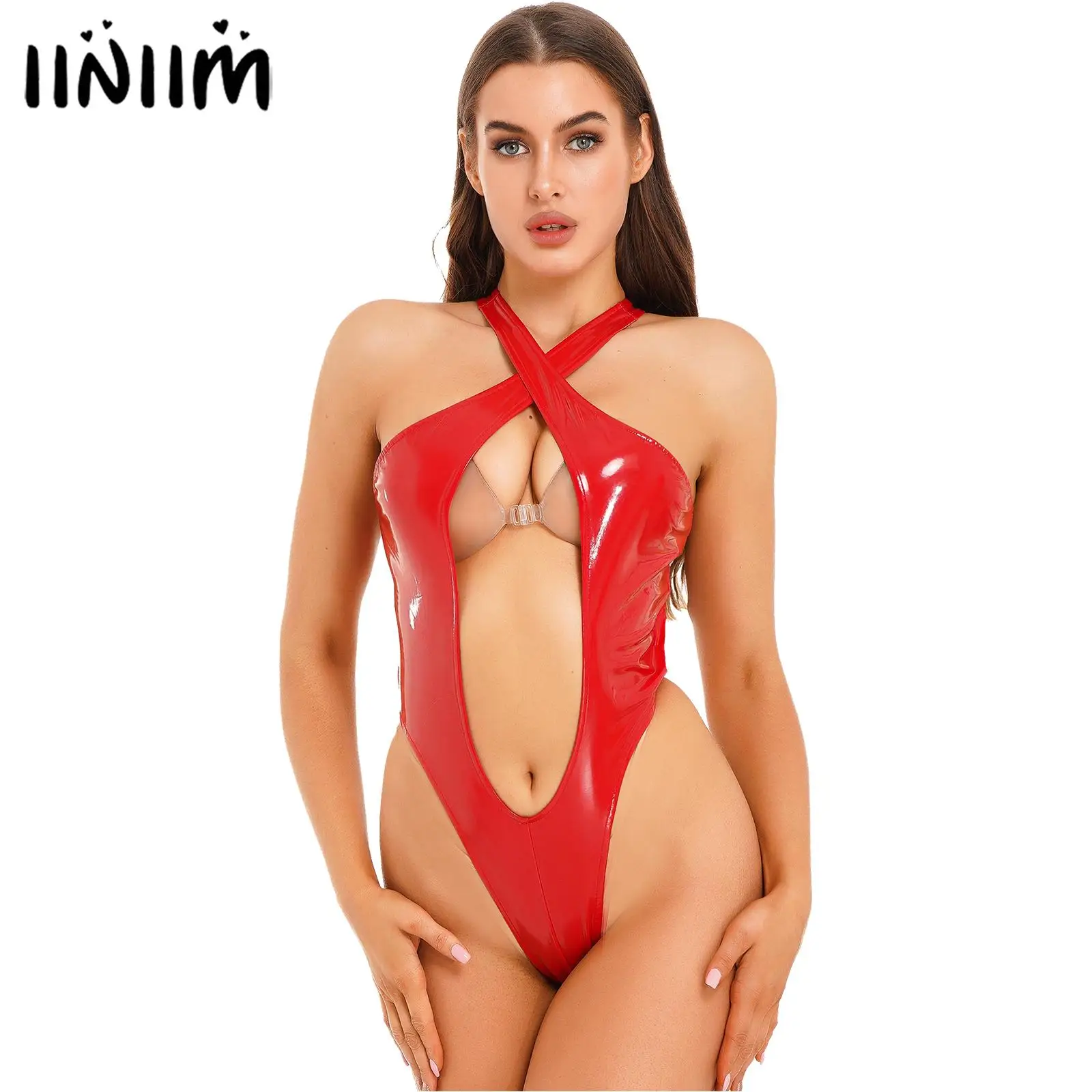 Womens Lingerie Patent Leather Catsuit Clubwear Cross Wide Shoulder Straps Keyhole High Cut Bodysuit Underwear for Pole Dancing 
Womens Lingerie Patent Leather Catsuit Clubwear Cross Wide Shoulder Straps Keyhole High Cut Bodysuit Underwear for Pole Dancing