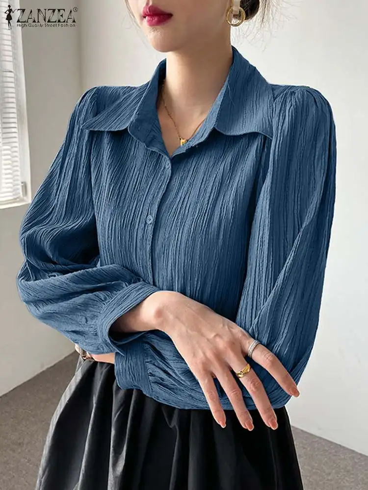 

Oversized Women Long Sleeve Shirts 2022 ZANZEA Y2K Textured Tops Tunic Casual Solid Blouse Oversized Lapel Neck Chic Streetwears