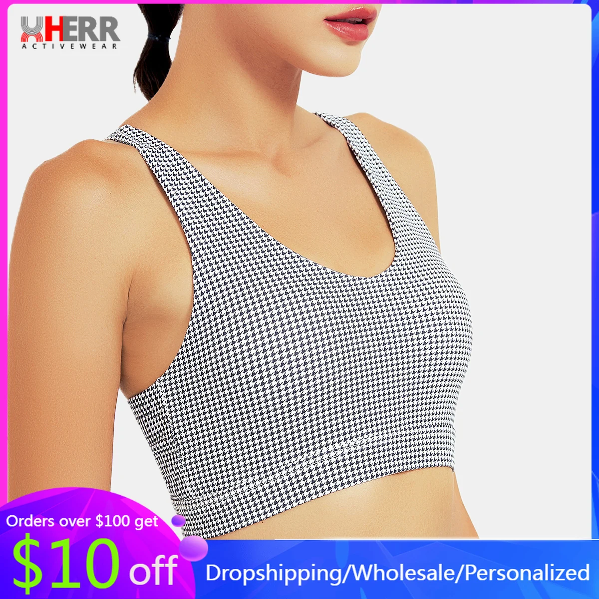 

Houndstooth Criss Cross Sports Bra for Women Padded Push Up Workout Gym Bras Plaid Fitness Active Sexy Yoga Tranning Top Female