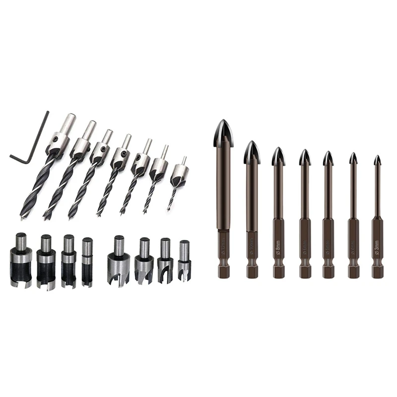 8 Pieces HSS Taper Claw Type Wood Plug Cutter Drill Bits & 7Pcs Cemented Carbide Drill Bit Tools Multifunction Bits
8 Pieces HSS Taper Claw Type Wood Plug Cutter Drill Bits & 7Pcs Cemented Carbide Drill Bit Tools Multifunction Bits