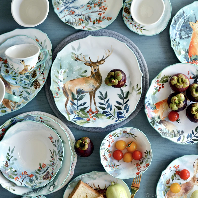 

Керамическая тарелка в скандинавском стиле с изображением животных и леса, тарелка для салата, товары для дома, ресторана, кухни, тарелка для западной еды