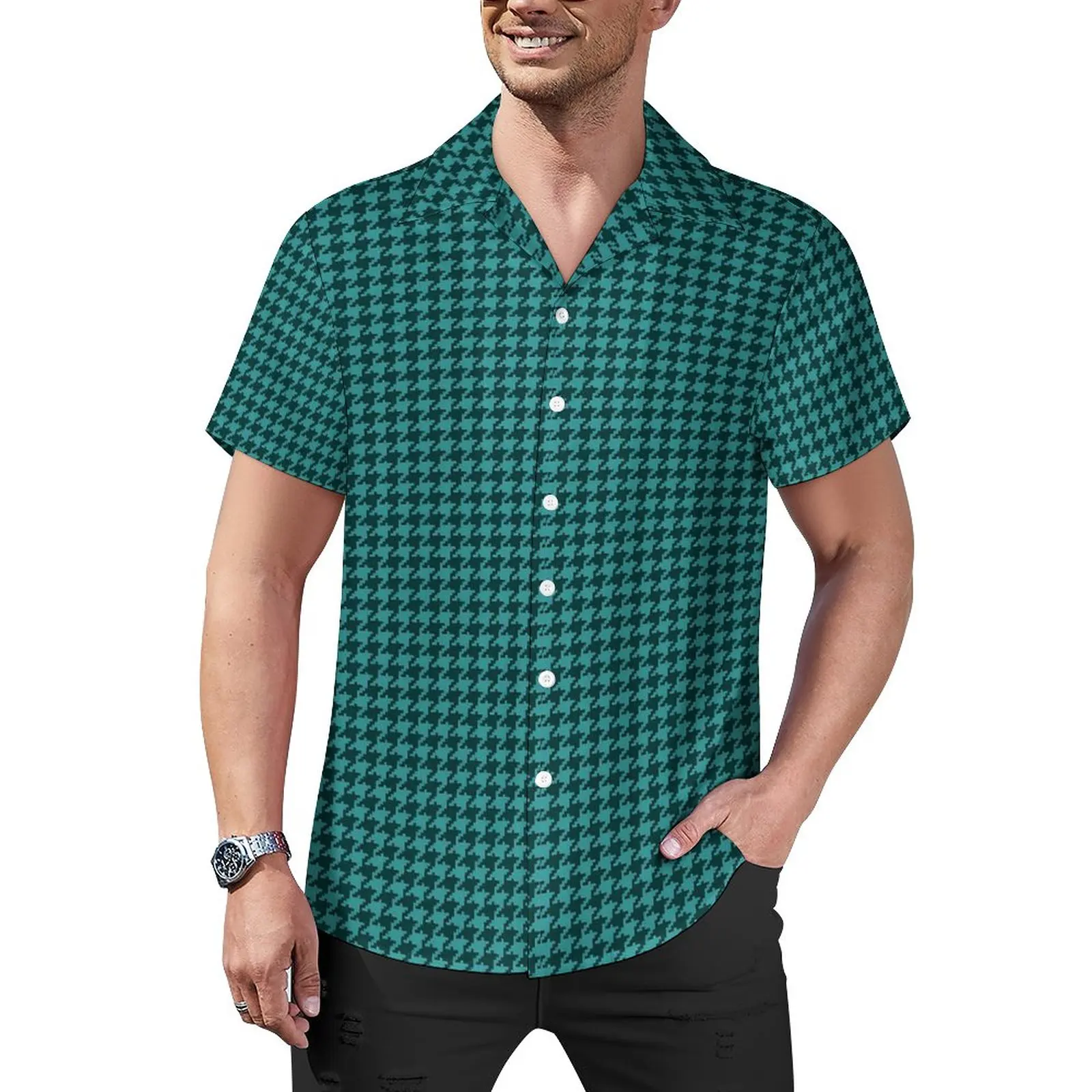 

Пляжная рубашка в стиле ретро с рисунком «гусиные лапки», зеленые и черные Гавайские повседневные рубашки, мужские блузки Y2K с коротким рукавом, одежда с графическим рисунком, 3XL, 4XL
