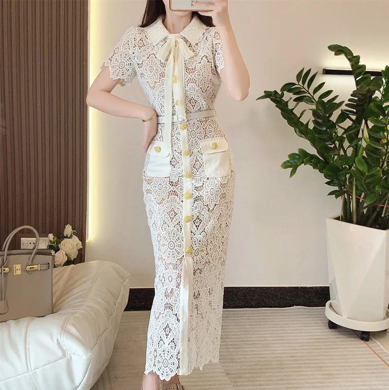 Fashion Vintage Women Summer Sweet Water Soluble Lace Short Sleeve Belt Elegant Party Dresses Femal Vestidos
Fashion Vintage Women Summer Sweet Water Soluble Lace Short Sleeve Belt Elegant Party Dresses Femal Vestidos