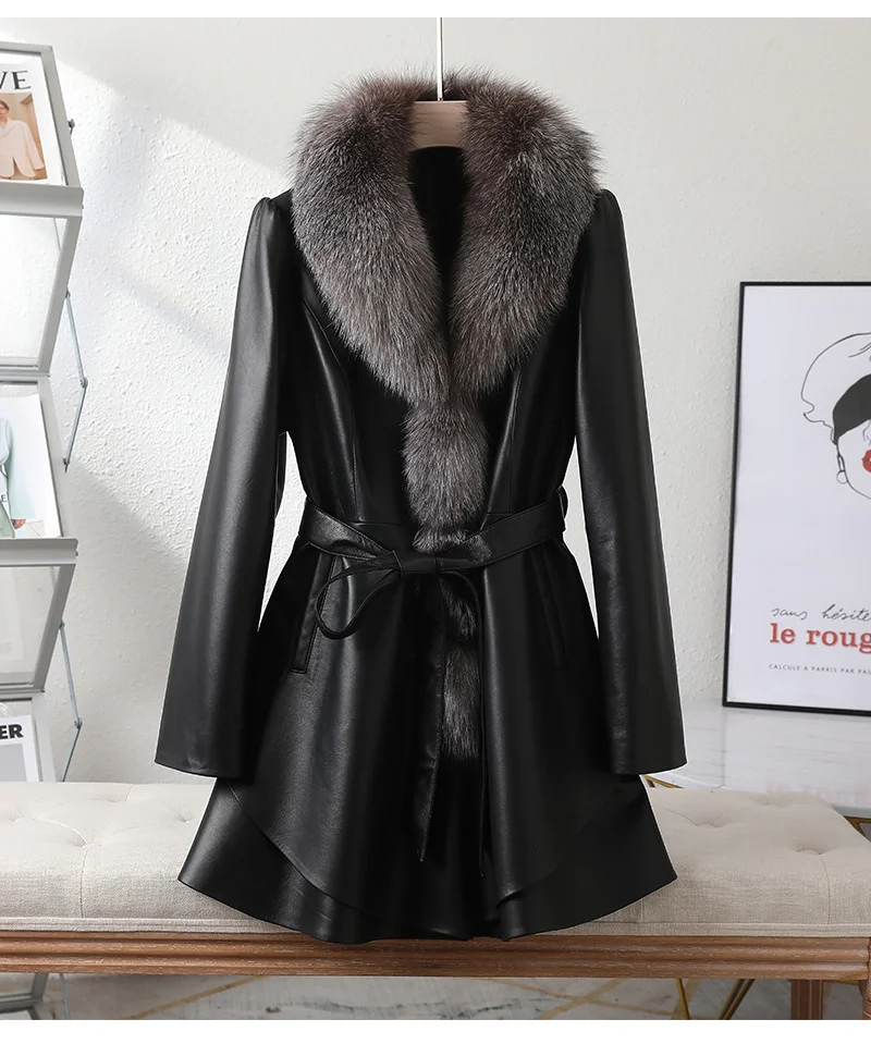 

Sheepskin leather jacket for women's mid length 2023 new silver blue fox fur collar coat, trendy waistband, slim fit