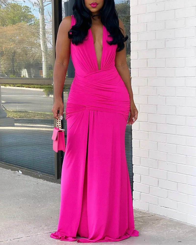 

Women Deep V Neck Summer Evening Solid Color Plunging Neck Ruched High Slit Party Dress Long Maxi Dress