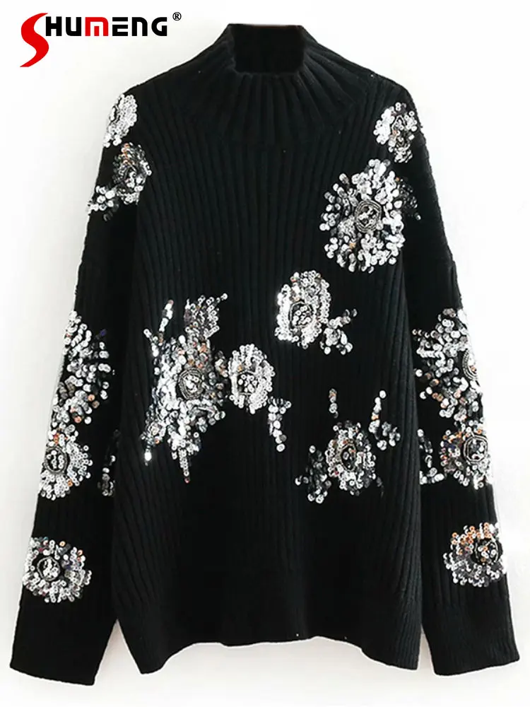 Female Retro Sequin Flowers Print Half Turtleneck Black Sweater Women's Loose-Fitting Long Sleeve Pullover Knitwear Autumn 2022
Female Retro Sequin Flowers Print Half Turtleneck Black Sweater Women's Loose-Fitting Long Sleeve Pullover Knitwear Autumn 2022