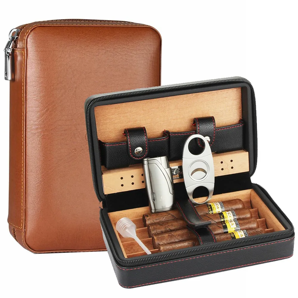 

GALINER Leather Cigar Humidor Portable Cigar Case Cedar Wood Lined With Metal Lighter Sharp Cigar Cutter Smoking Accessories