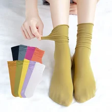 5 Pairs Women Ice Thin Loose Socks Calf Tube Socks Summer Purple Knee Nylon Socks Japanese Fashion College Style Solid Color